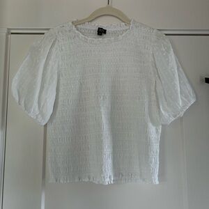 J. Crew White Smocked Short Sleeve Blouse
